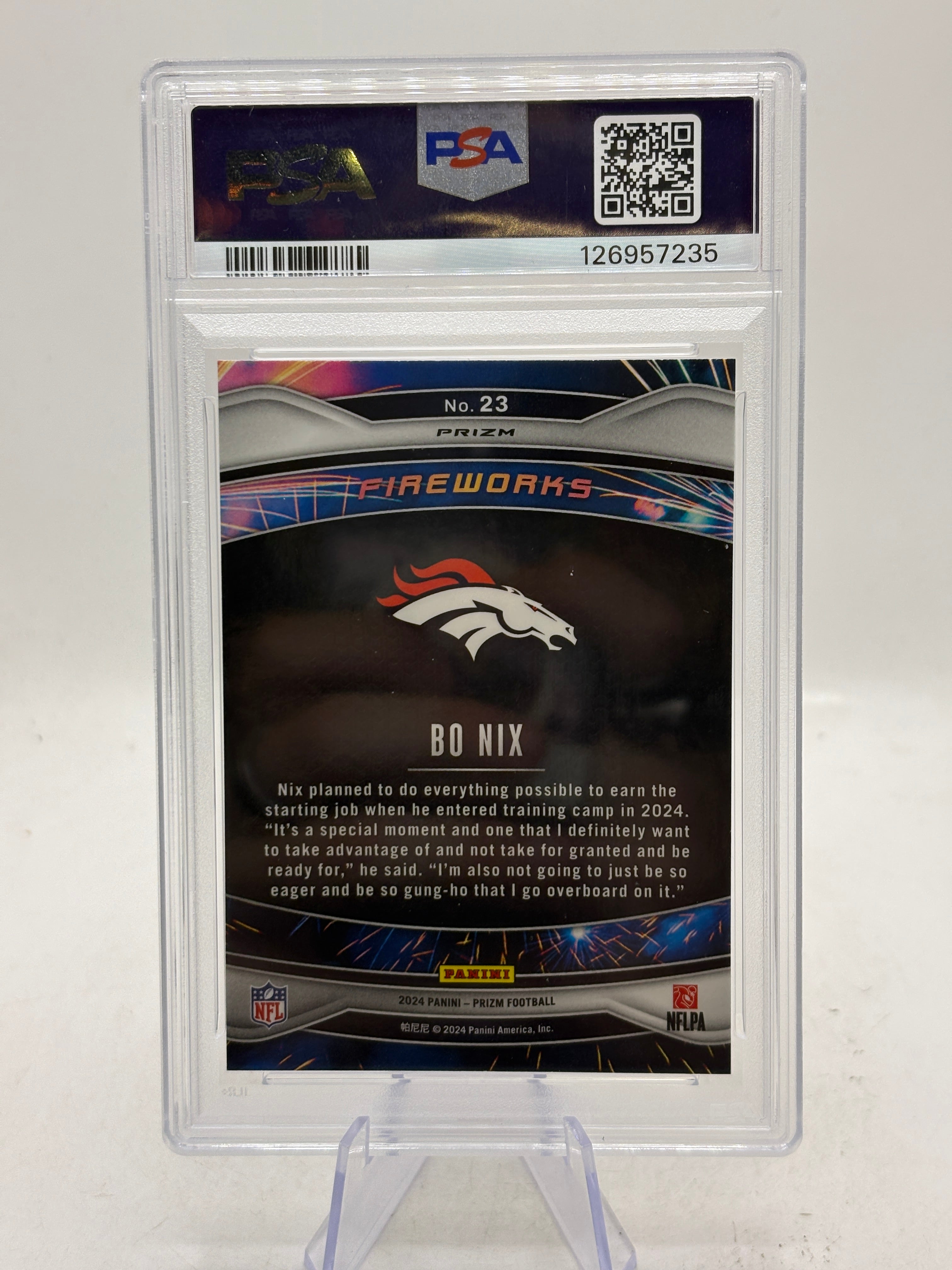 2024 Prizm Bo Nix #23 Fireworks Green Prizm RC PSA 10 Gem Mint Rookie Broncos